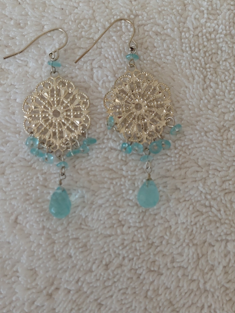 Gold Filigree Earrings with Aqua Beads